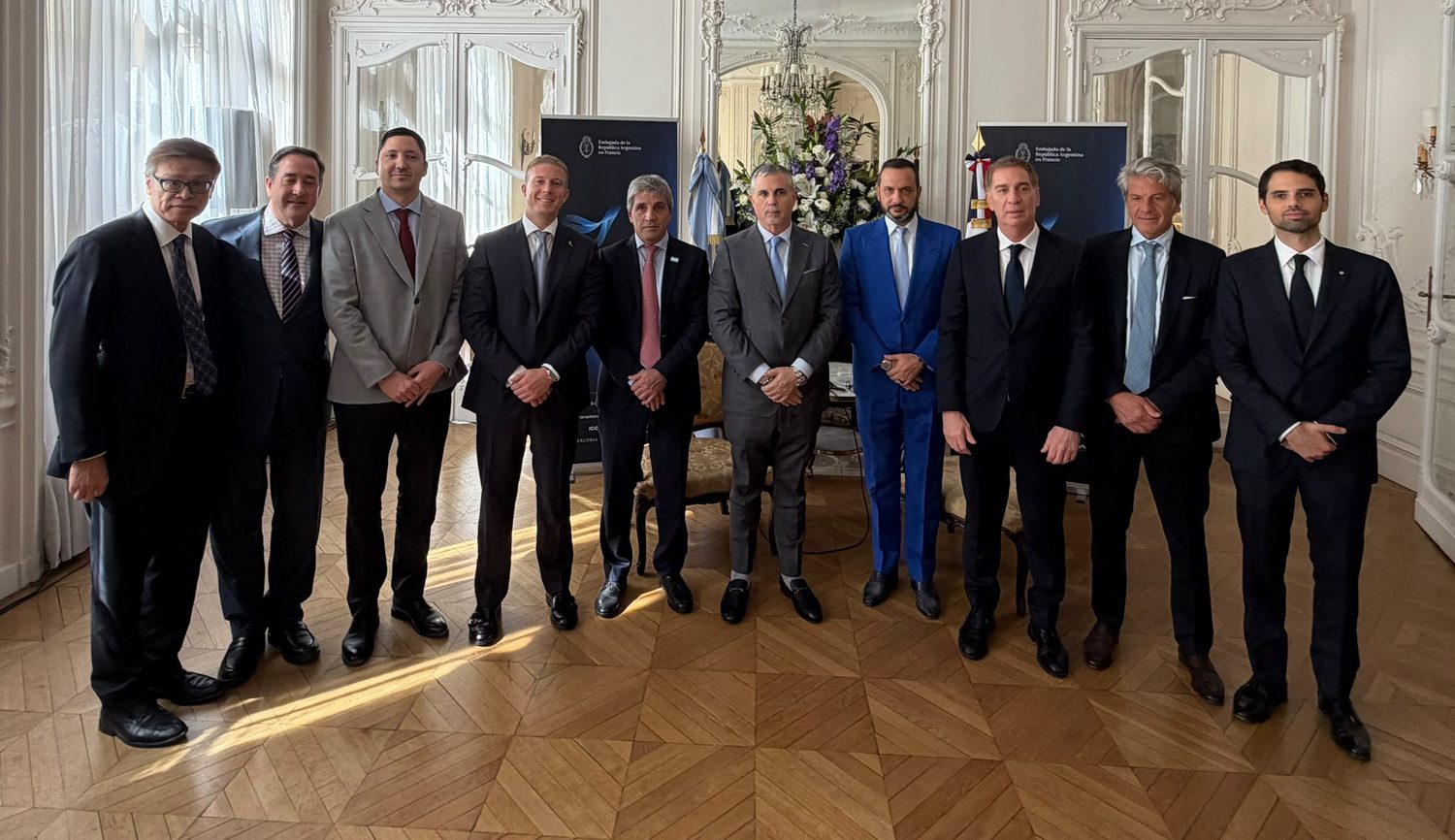 Members of AMIGO with Economy Minister Luis Caputo and Chief of the Cabinet of Ministers Diego Santilli at the Embassy of Argentina in France, Paris, 2 October 2026