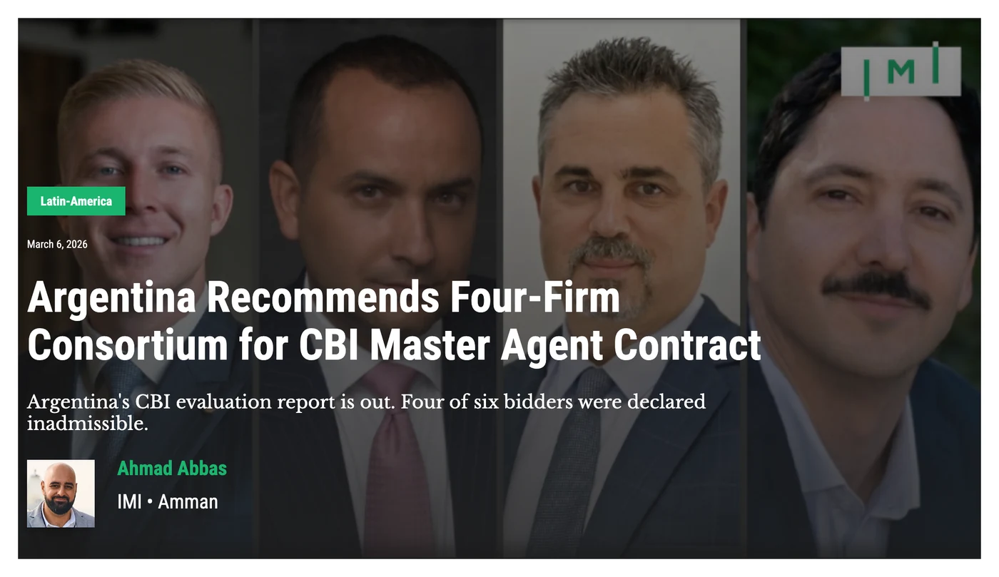 Clipping from Investment Migration Insider, 6 March 2026: “Argentina Recommends Four-Firm Consortium for CBI Master Agent Contract”. The photo shows the four principals of the consortium; Matías Apparcel, AIM Global's founder, is on the right.
