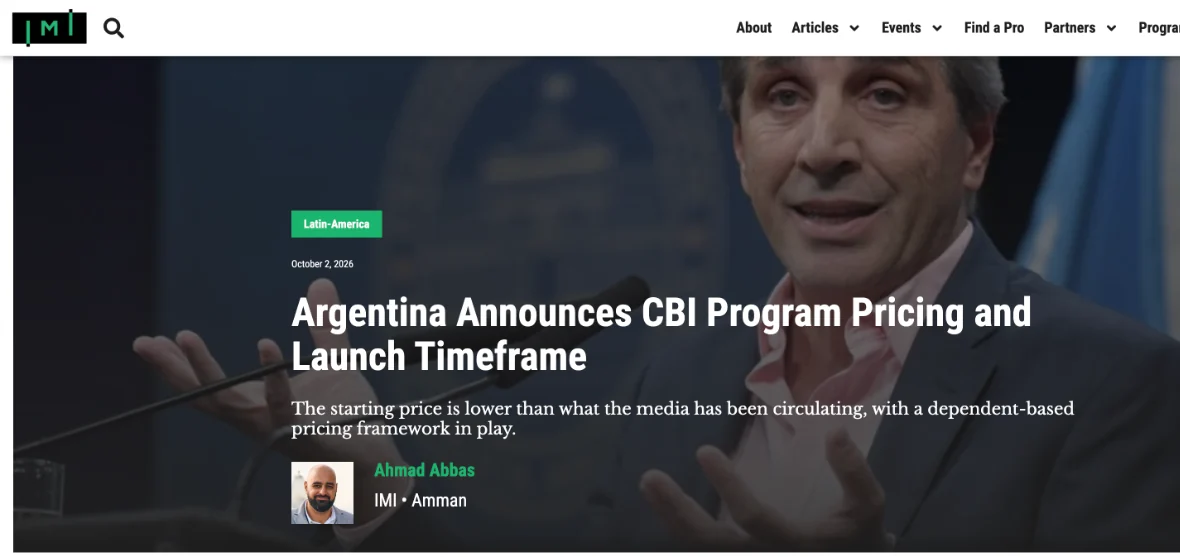 The Investment Migration Insider article “Argentina Announces CBI Program Pricing and Launch Timeframe”, 2 October 2026